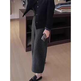 灰色毛呢休闲裤女冬季新款大码梨形身材小个子加绒加厚九分阔腿裤