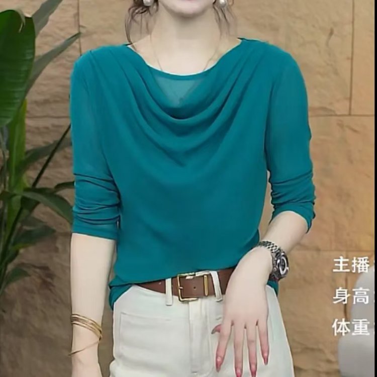 一件代发2025秋季新款堆堆领长袖t恤女弹力网纱打底衫妈妈装上衣|undefined