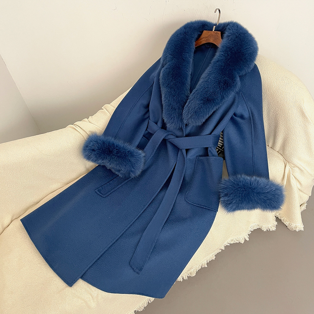 Sieviešu apģērbs Rudens un ziemas jauns divpusējs vilnas mētelis ar lapsas kažokādas apkakli, sieviešu 100% vilnas, augstas kvalitātes vilnas mētelis_voghion.com