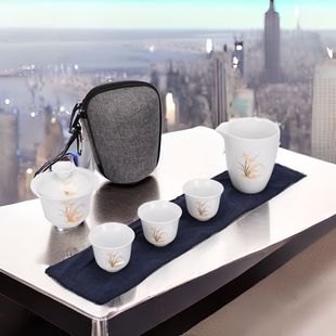 Dehua white porcelain outdoor travel tea set ceramic concentric cup features a pot of three cups gift-giving convenient storage tea maker