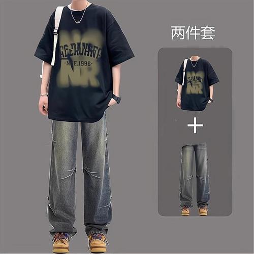 Summer Boys Cool and Stylish Top Set American Bad Boy Youth Short Sleeve T-Shirt Set Matching Loose