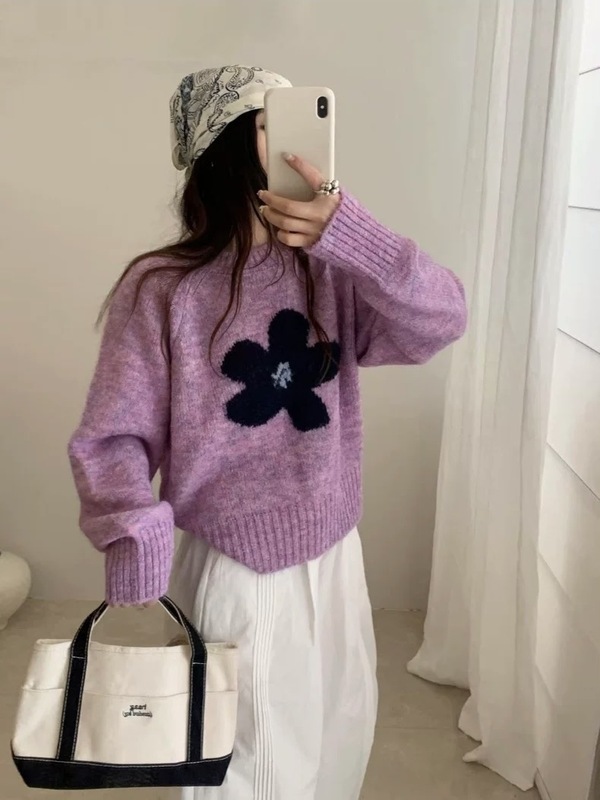 韩系圆领长袖毛衣女秋冬日系软糯甜美减龄花朵外穿内搭针织衫上衣|undefined