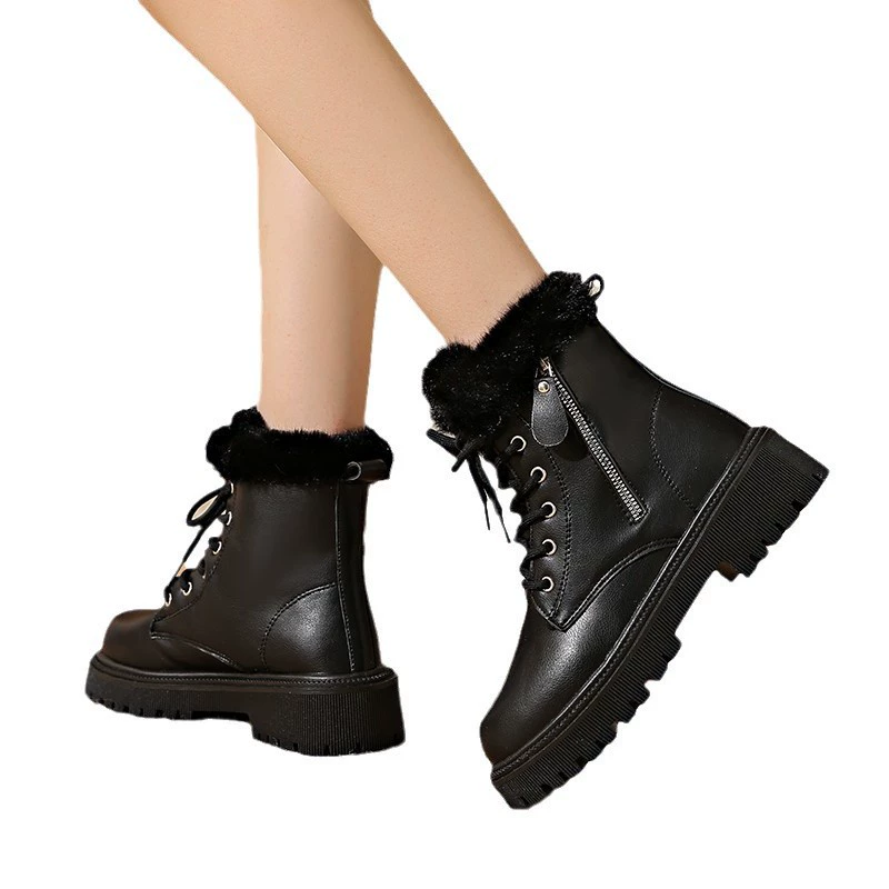 Martens ankle boots, fleece‑lined platform sole, lace & side zipper, Korean style, sizes 35–42
