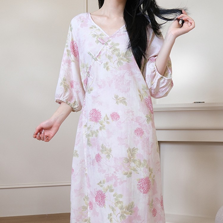 New Chinese-Style Cotton Silk Dress with Mid-Sleeves, Suitable for Spring and Summer, Can Be Worn Outside as Home Wear, Cotton Silk Wrap-Around Long Dress