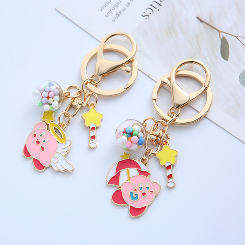 Cartoon Kirby keychain chain anime expression girl heart magic wand metal pendant creative bag pendant