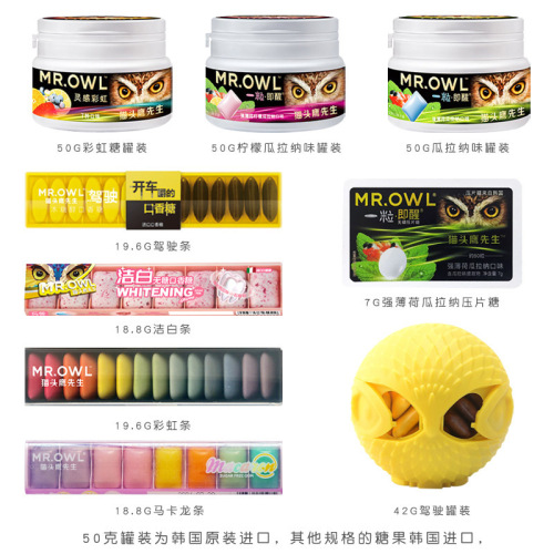 Korean Owl Mr. Gum Health Extract Rainbow Fruit Strong Mint Guarana Driving Refreshing White Cool