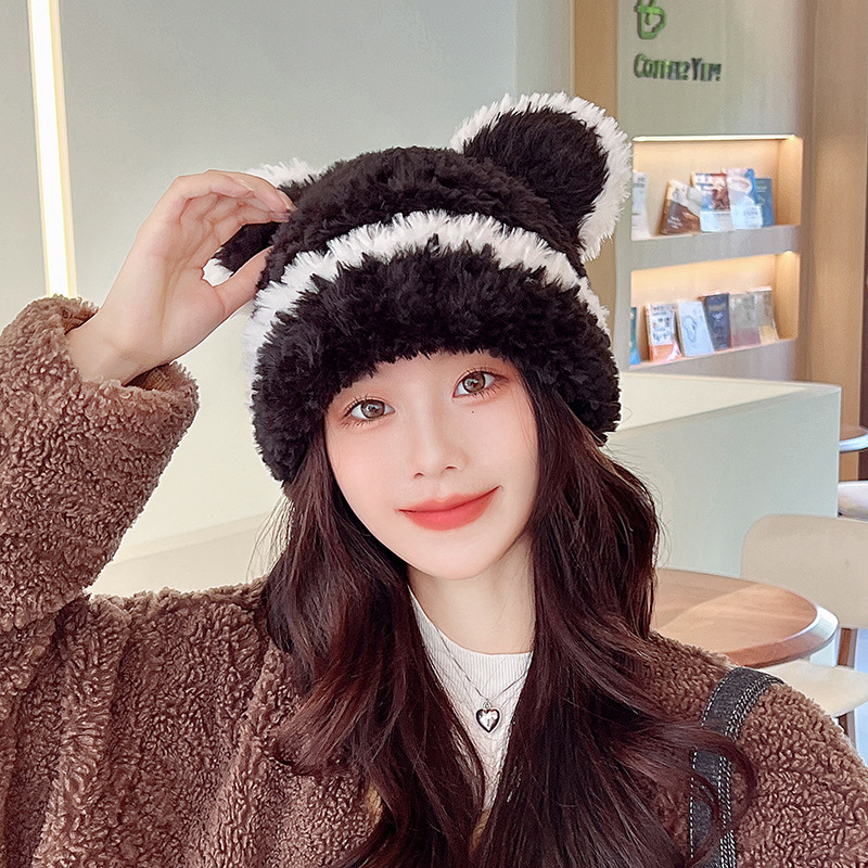 女性用冬のかわいいクマのウール帽子、韓国風の豪華で暖かい耳保護プルオーバー帽子、小顔効果のあるベルベット付きニット帽|undefined