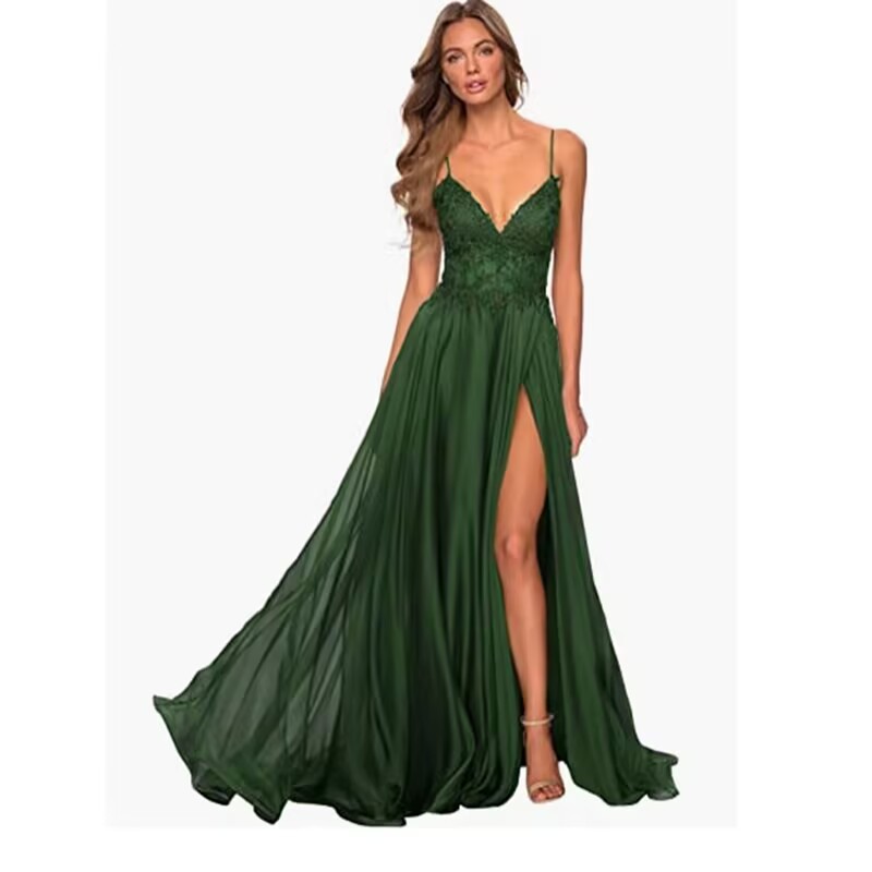 Nuevo vestido de fiesta de gasa con apliques de encaje, tirantes delgados con tirantes abiertos, vestido de noche de banquete sexy