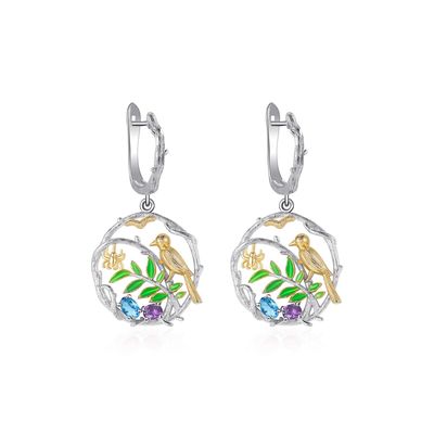 Freehand Sen New Chinese style Earrings Original design Birds Earrings S925 Sterling Silver natural colour gemstone Earrings