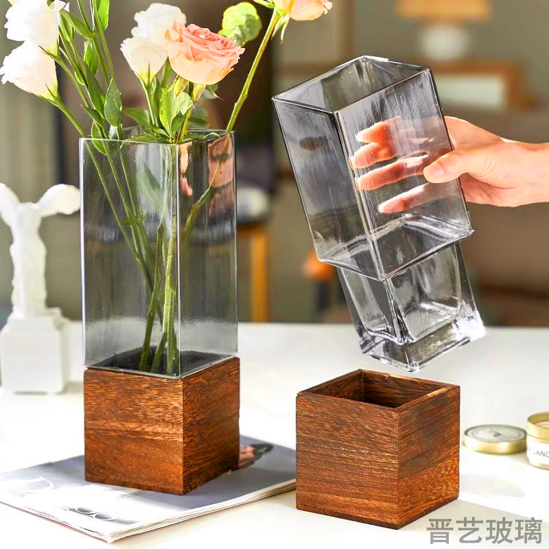現代簡約方形木托透明玻璃高級感花瓶家用水培高顏值擺件ins風