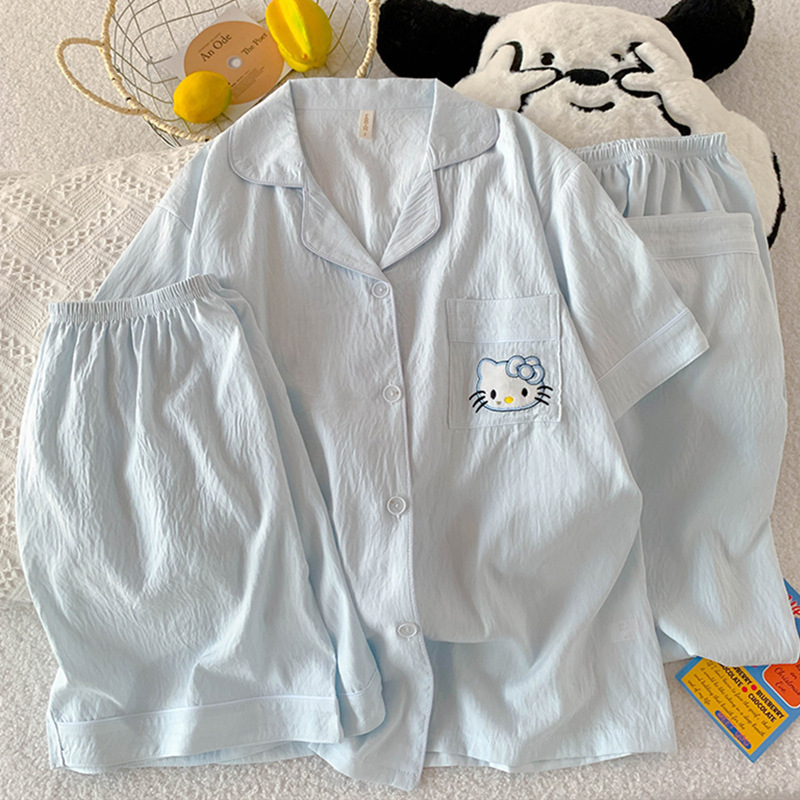Japanese HelloKitty Cloud Hilo de algodón Pijamas de verano para mujer de manga corta lindo traje de tres piezas para estudiantes
