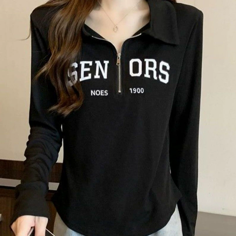 Body-friendly long-sleeve, plus size, polo collar, fitted