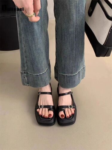 2025 Summer Slides Fluffy Toe Post Roman Single Strap Thick Heel Korean Style Slippers