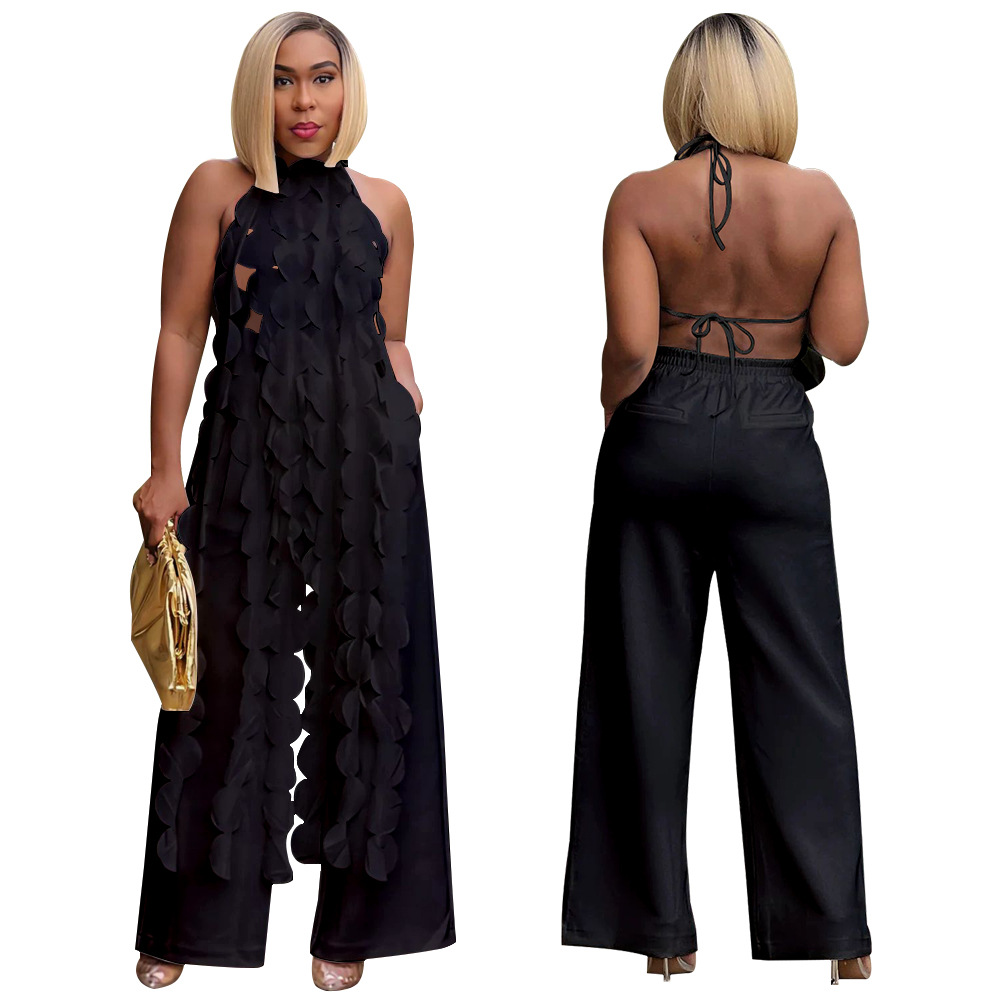 591g Weight Sleeveless Sleeve Length Spandex, Polyester Fabric Type Pant Co-ord Set Sets Type 2 Pieces Set Quantity Holiday, Street Occasion Halter Neck Neckline Loose Fit Type Solid Color Pattern Summer Season Women's Gender Backless Design Sexy, Streetwear Style Holiday Street Women's Sexy Streetwear Solid Color Spandex Polyester Backless Pant Co-ord Set Pants Sets 28