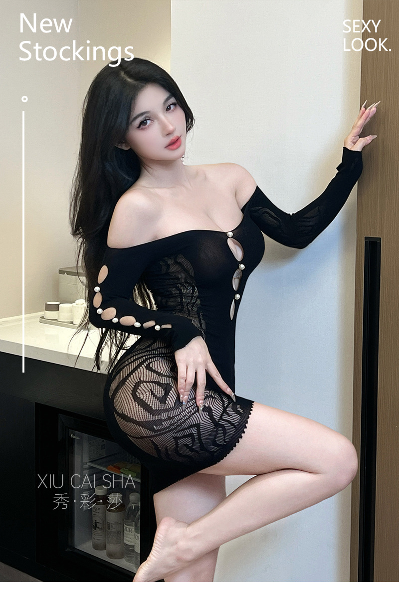 Off-Shoulder Open-Crotch Bodycon Mini Dress, Hollow-Out Peacock Green One Size — detail image 24