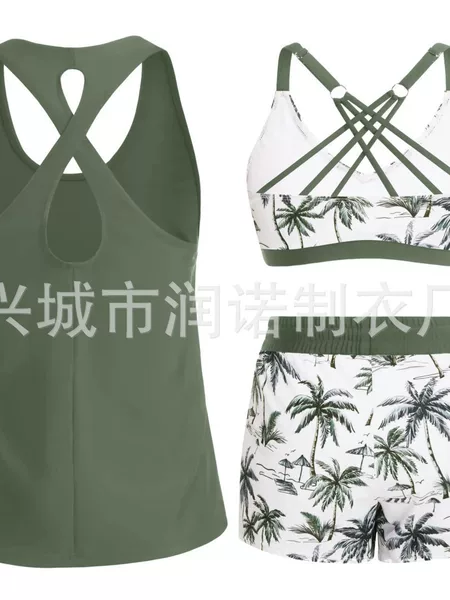 2026 European and American Cross-Border Two-Piece Backless Sexy Shoulder-Strap Swimsuit for Women, High-Waisted Printed Tankini Three-Piece Set That Covers the Belly