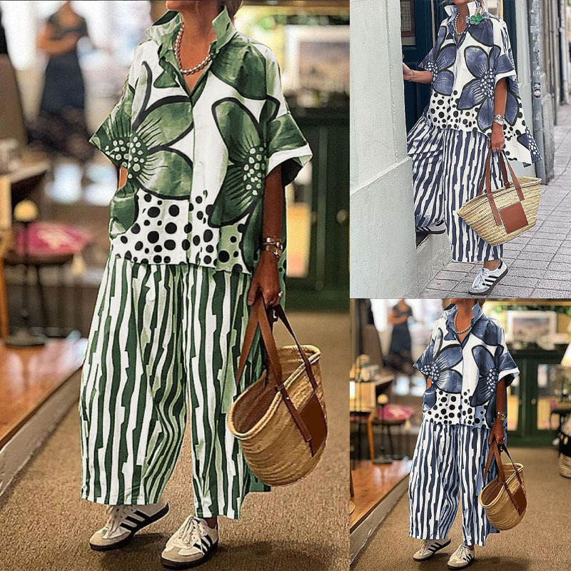 2025Temu Amazon European and American Cross-Border Large Size Floral Print Casual Suit Fashionable Casual Shirt and Pants Two