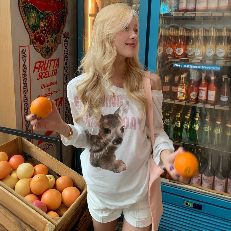 American-style spicy girl deer print off-shoulder sun protection long-sleeve t-shirt for women, summer casual loose-fitting versatile top