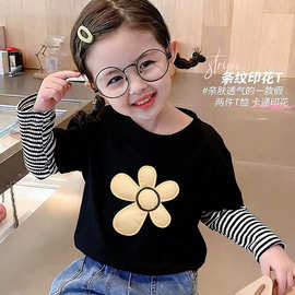 纯棉女童假两件长袖T恤春秋新款卡通拼色打底衫时尚秋装儿童上衣