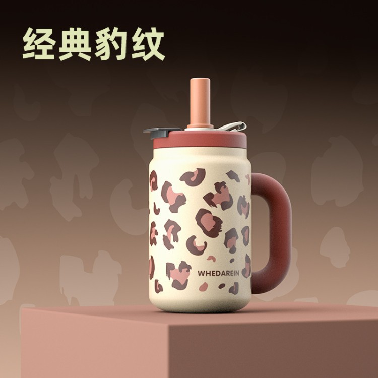Taza de hielo de leopardo de gran capacidad 316 taza de acero inoxidable taza de agua de alto valor para hombres y mujeres taza de paja con mango taza