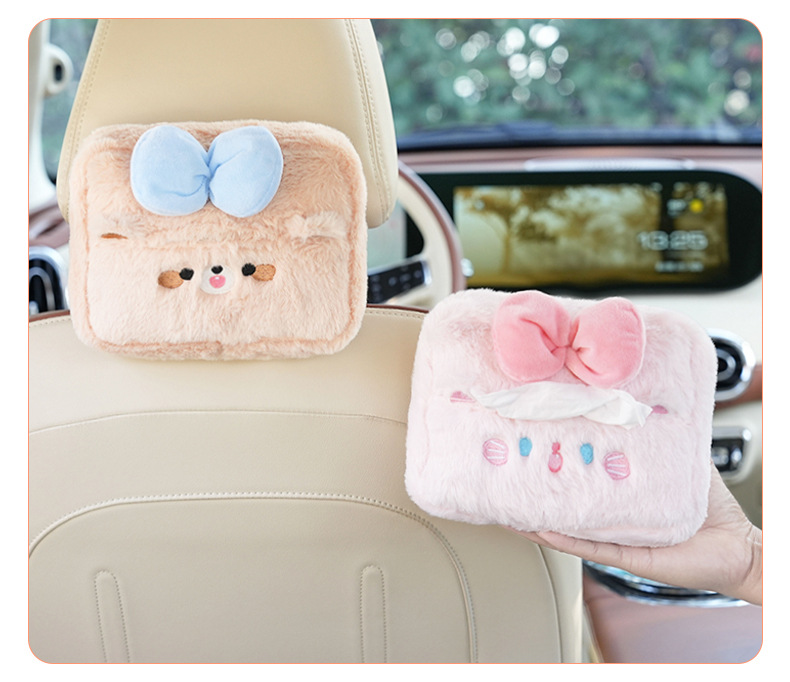 Plush cartoon car tissue box multifunctional car armrest box tissue box cute hanging tissue storage box