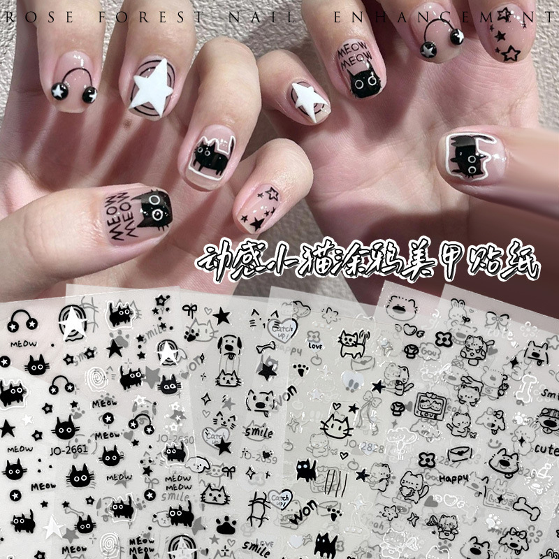 Cartoon Cute Dynamic Little Black Cat Nail Art Stickers Black and White Cat Puppy Bow Nail Decoration Adhesive Stickers