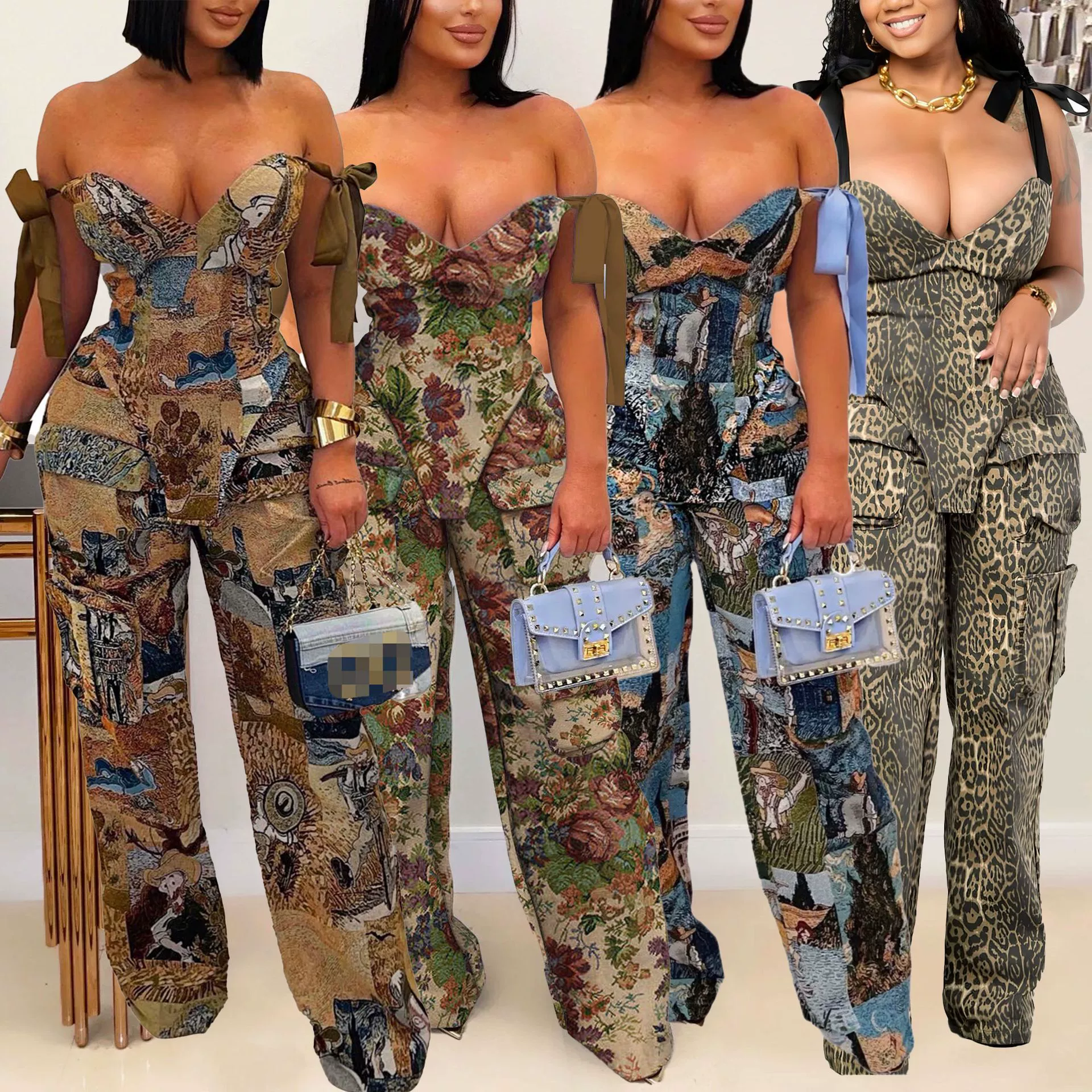 Европейский и американский брючный костюм с принтом масляной живописи и ремешком на шнурке с несколькими карманами