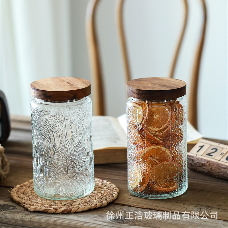 1000海棠花日式复古雕花玻璃储物厨房密封罐杂粮果酱分装玻璃瓶