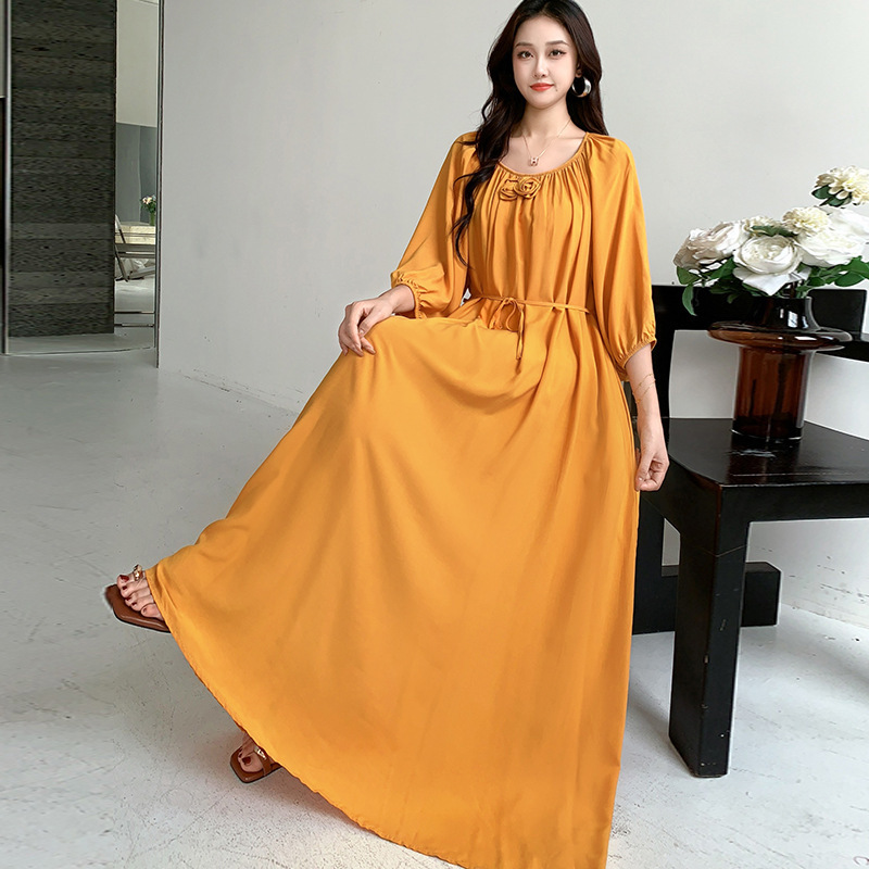 Middle Eastern Plus Fat Oversized Solid Color Dress 100kg Fat Girl Beach Long Dress One Shoulder Loose Maternity Dress