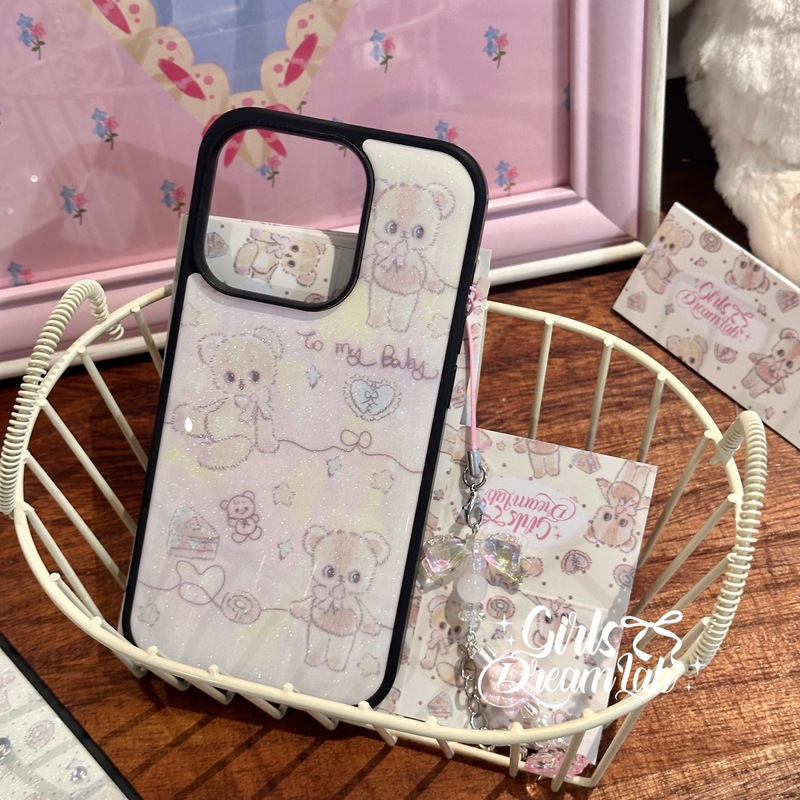 オリジナルクリームぬいぐるみクマ接着剤ブラックフレームピンクブルーかわいい大きな穴の携帯電話ケース iPhone に適しています|undefined