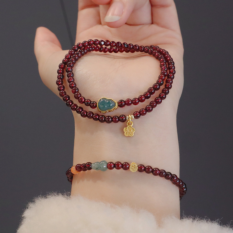 Natural Garnet Bracelet Women's Double Circle Wine Red Clean Body genuine goods Blue Water Emerald Gourd All-match New Chinese High-end Sense