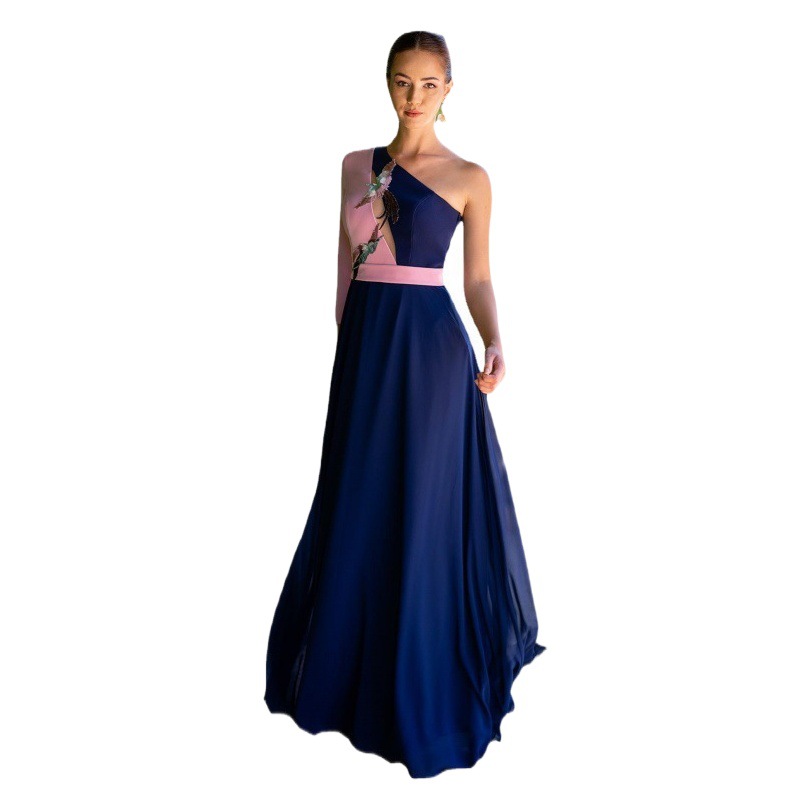 Otoño e Invierno largo vestido de gasa azul Amazon deseo temperamento adelgazar vestido de noche en stock