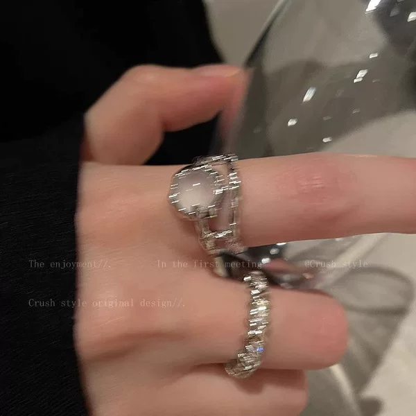 Two-piece Moonstone Ring Women's Rhinestone Open Ring Niche Design Plain Ring Finger Ring French Self-discipline Ring