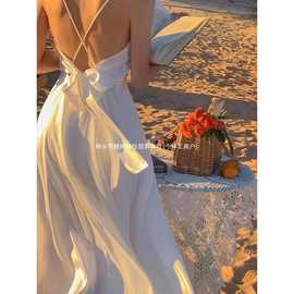 法式白色吊带连衣裙夏季女装小个子新品感气质海边度假沙滩长裙子
