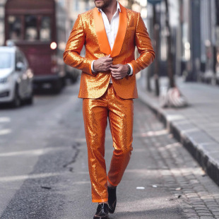 Cross-Border Sequin Nightclub Suit Men's New Foreign Trade Orange Banquet Stage Dress Two-Piece Set