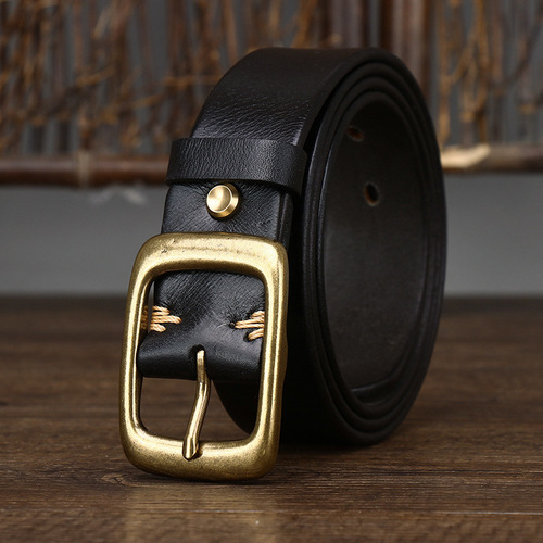 3.3CM wide retro washed first-layer pure cowhide belt for men, genuine leather, Korean version, trendy copper buckle, women's casual belt