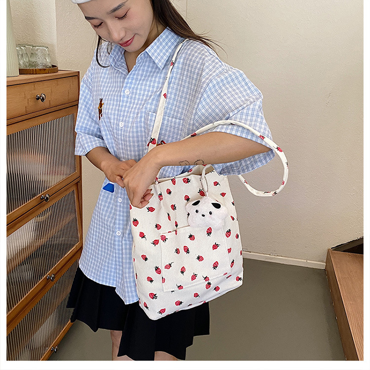 375g Weight Polyester Lining Material Magnetic Buckle Closure Type Double Shoulder Straps Strap Type Bucket Bag Bags Type Holiday, Daily Occasion Corduroy Material Strawberry Pattern Spring&Summer Season Women's Gender Cute Style Square Shape Medium Size Women's Medium Corduroy Strawberry Cute Square Magnetic Buckle Bucket Bag 2