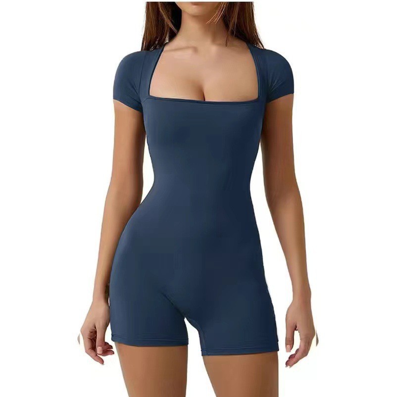 Mid Waist Waist Line Rompers Pants Type Stretchy Elasticity Wholesale Women's Classic Style Solid Color Short Sleeve Bodysuits