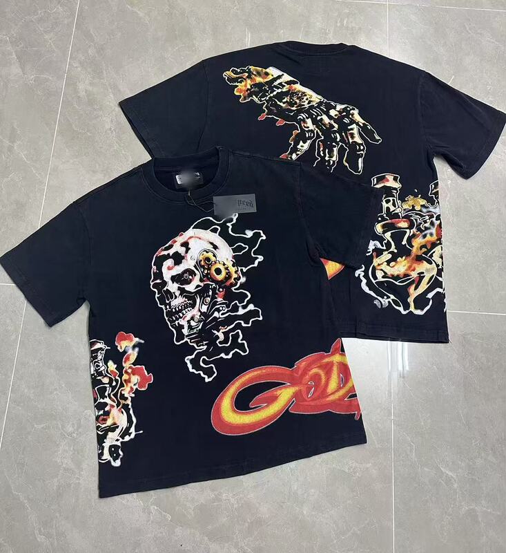 25ssアメリカのトレンドブランドGOD、ハイストリート、ウォッシュ加工、ヴィンテージ風プリント、ジョイントデザイン、レトロな夏用ルーズフィット半袖Tシャツ、男女兼用|undefined