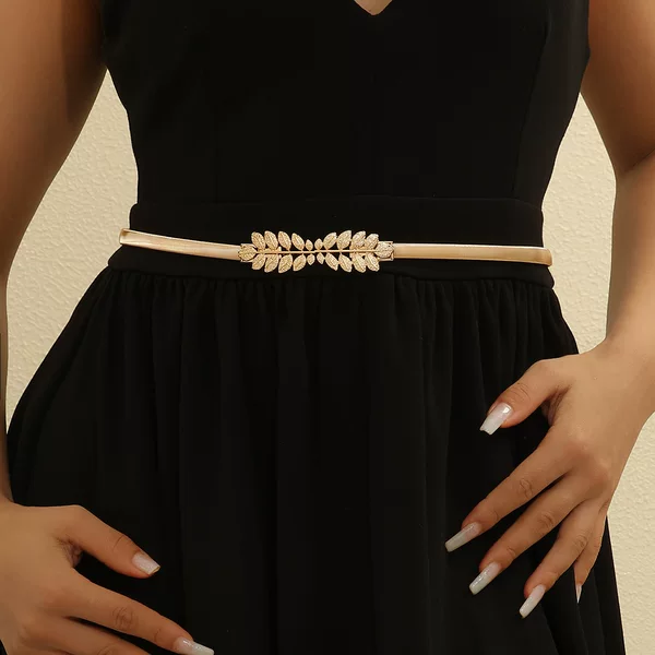 Wholesale New Leaf Buckle Thin Waist Chain Korean Style Versatile Belt Gold Elastic Waist Dress Decorative Elastic Trendy