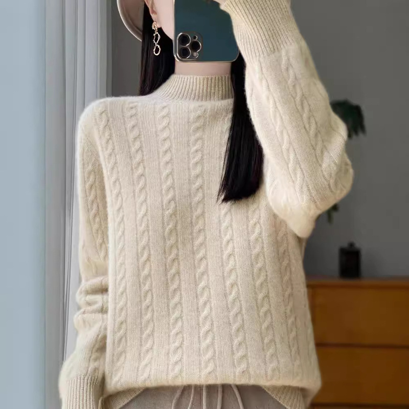 Thickened Sweater Autumn and Winter New Good-looking Pullover Top Gentle Twist Half-height Loose Pure Wool Knitted Sweater for Women Thickened Sweater Autumn and Winter New Good-looking Pullover Top Gentle Twist Half-height Loose Pure Wool Knitted Sweater for Women