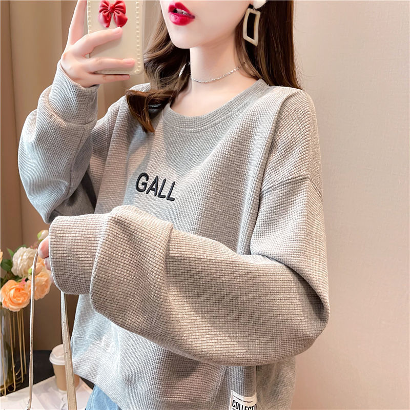 Waffle Sweatshirt for Women 2024 New Spring & Fall K-style Loose Design Long-sleeved Short Large Size Top ins Trend