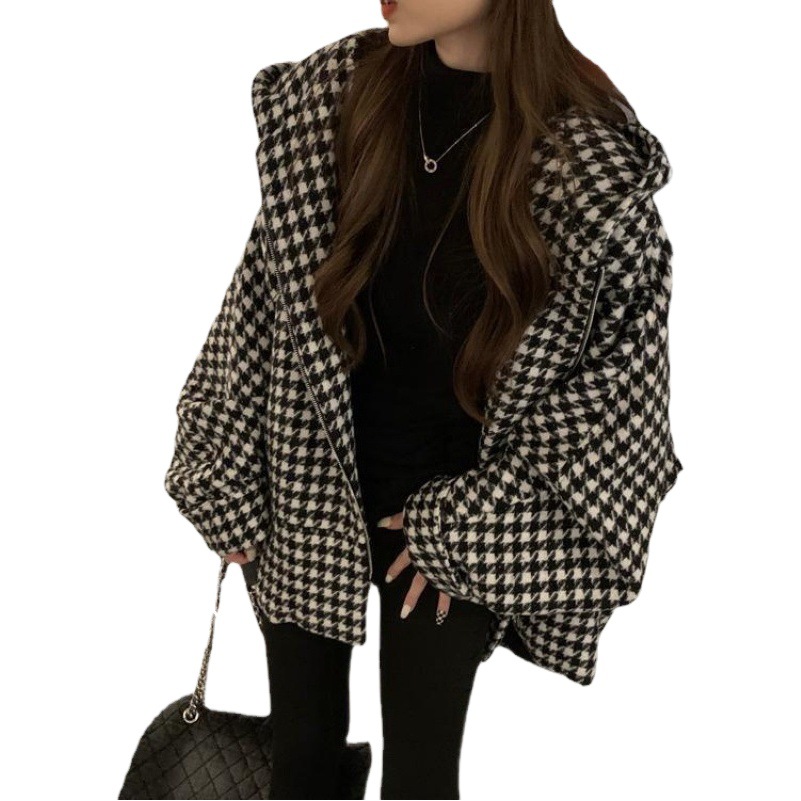 Extra de gran tamaño Chubby Girl 1,00 kg-150,00 kg cardigan houndstooth coat mujeres delgadas oversize sueltas suéter uniforme de béisbol