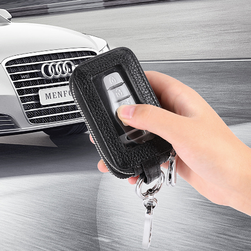 Primera capa de piel de vaca clave caso de doble capa patrón de Litchi clave caso cuero genuino llavero de gran capacidad unisex clave caso