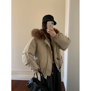 黄峥韩系加厚连帽大毛领棉服外套女冬季保暖牛角扣棉袄大衣541137