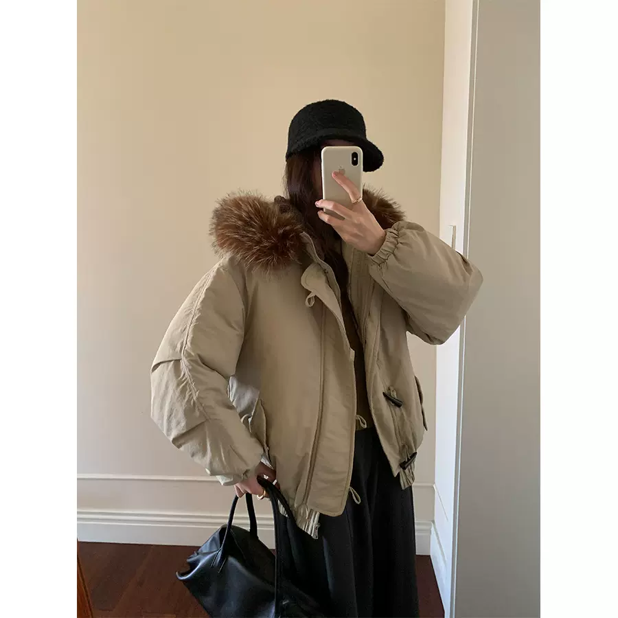 黄峥韩系加厚连帽大毛领棉服外套女冬季保暖牛角扣棉袄大衣541137