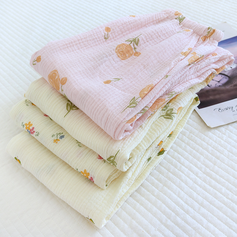 Spring And Summer New Trousers Women's Cute Flowers Thin Section 100%Cotton Crepe Casual Pants Loose Home Pants Women Bottoms