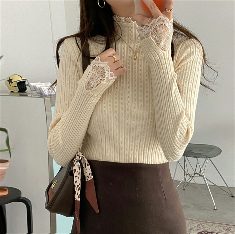 Half Turtleneck Lace Knitwear for Women in Autumn and Winter, Versatile Thickened Pullover Knitwear with Bottoming Shirt