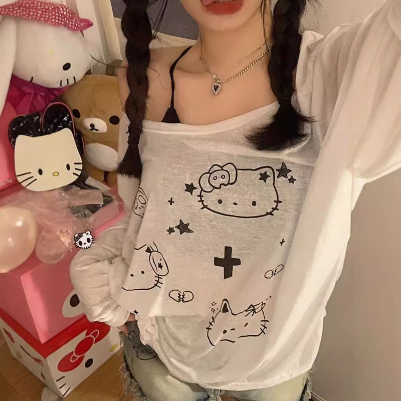 2024 Summer Japanese Style Sweet Cute Cartoon KT Cat Blouse Long Sleeve Loose All-match Thin Hot Girl Sunscreen Top