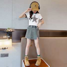 2026新款女童夏装套装童装中大童时髦牛仔短裤儿童短款短袖两件套